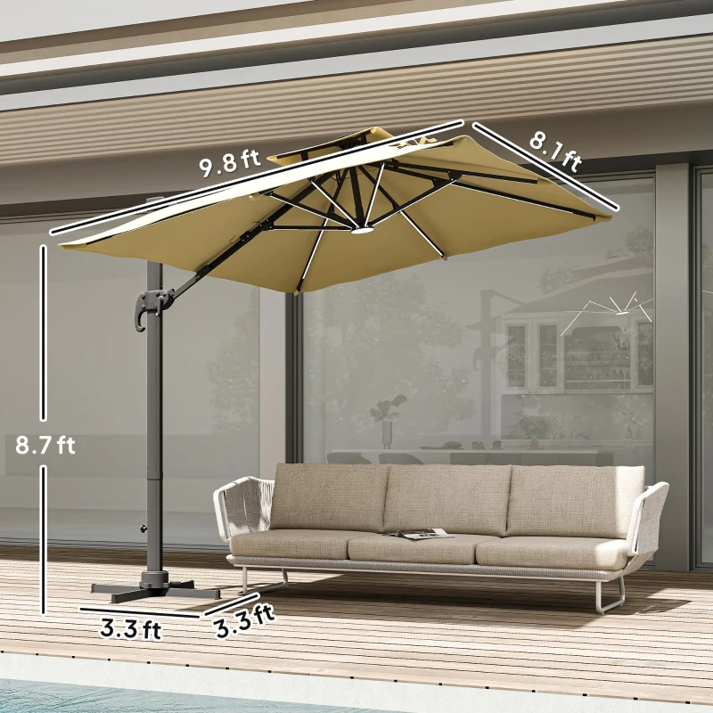 Outsunny 10ft. Solar LED Cantilever Umbrella, Offset Hanging Umbrella with 360°Rotation, Cross Base, 8 Ribs, Tilt and Crank for Yard, Khaki
