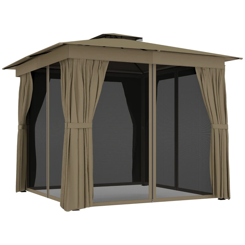 Outsunny 10' x 10' Outdoor Patio Gazebo, Soft Top Gazebo Canopy Shelter with Curtains, Netting, Steel Frame, Hook, Khaki