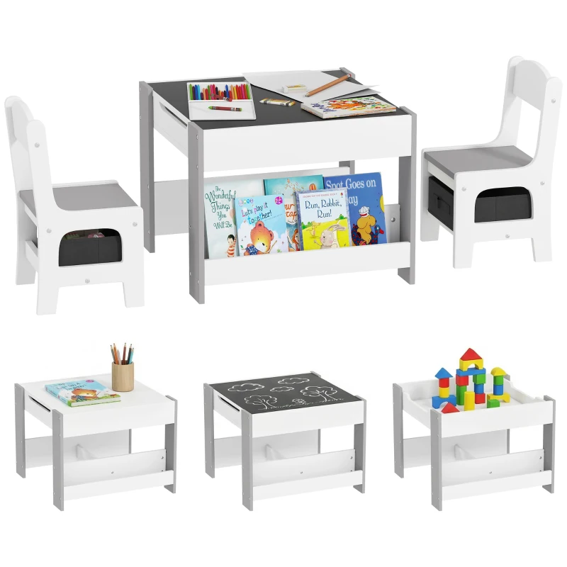 Qaba 3 Piece Kids Table and Chair Set with Reversible Tabletop, Blackboard, Storage, Bookshelf, for Playroom, Nursery, Grey