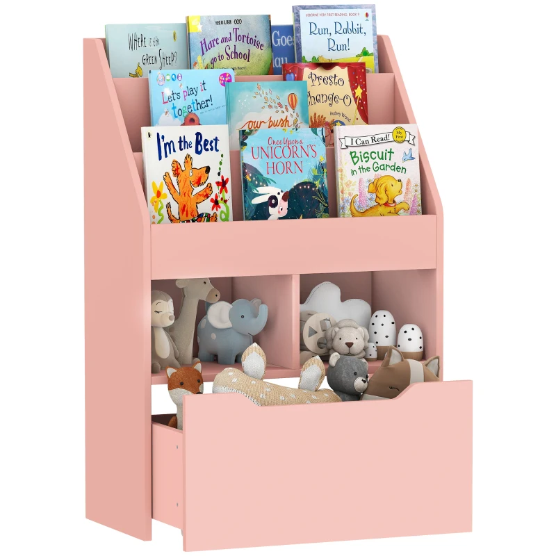 HOMCOM Kids Bookcase Multi-Shelf Book Rack with Mobile Drawer for Books, Toys, Pink