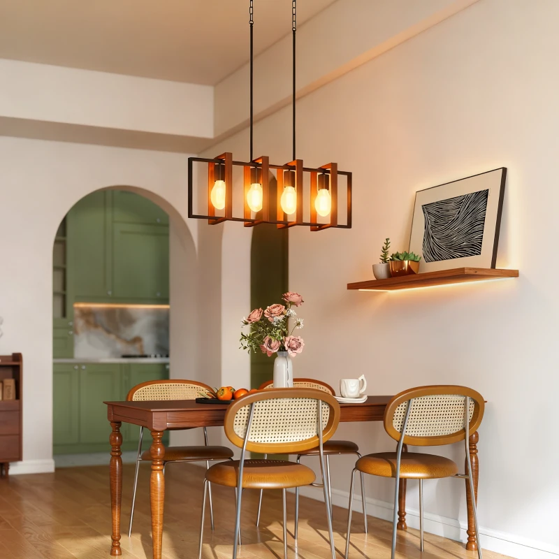 HOMCOM Farmhouse Kitchen Island Lighting, Linear Pendant Light with 4 Rotatable Frames and Adjustable Height, Walnut