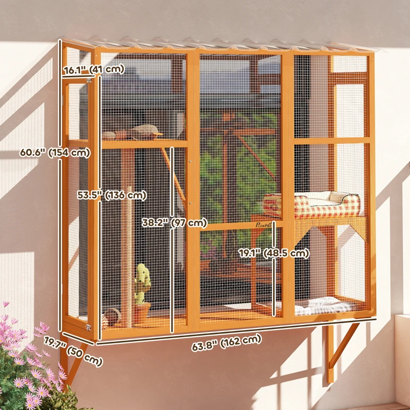 PawHut Wooden Catio Outdoor, Cat Window Box Enclosure for 2-3 Large Cats with 2 Jumping Platforms & Scratching Post, Orange