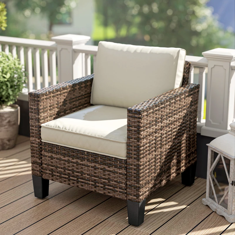 Outsunny Single Outdoor Wicker Chair, Rattan Patio Chair with Armrests and Cushions for Balcony, Porch, Deck, Cream White