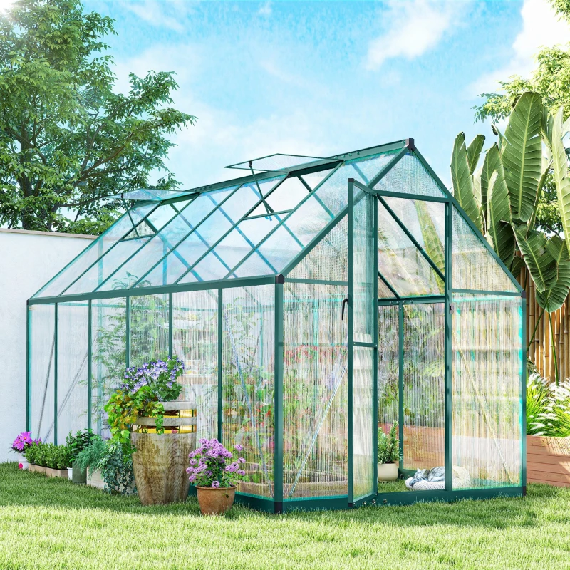 Outsunny Polycarbonate Greenhouse with Swing Door and Two Adjustable Roof Vents, Aluminum Walk-in Greenhouse, 11x6 ft, Dark Green