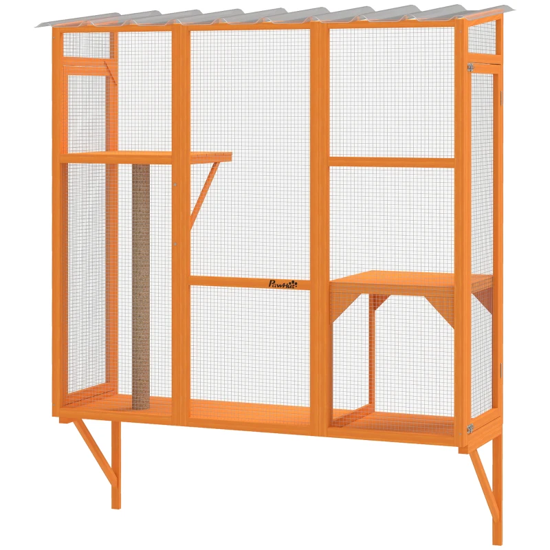 PawHut Wooden Catio Outdoor, Cat Window Box Enclosure for 2-3 Large Cats with 2 Jumping Platforms & Scratching Post, Orange