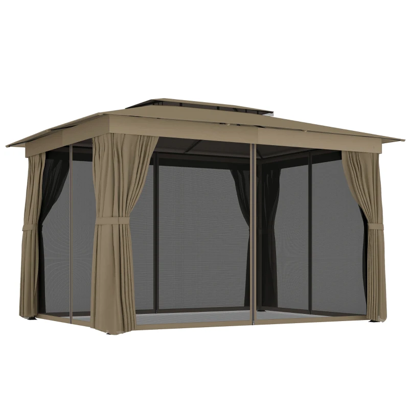 Outsunny 10' x 12' Outdoor Patio Gazebo, Soft Top Gazebo Canopy Shelter with Curtains, Netting, Steel Frame, Hooks, Khaki