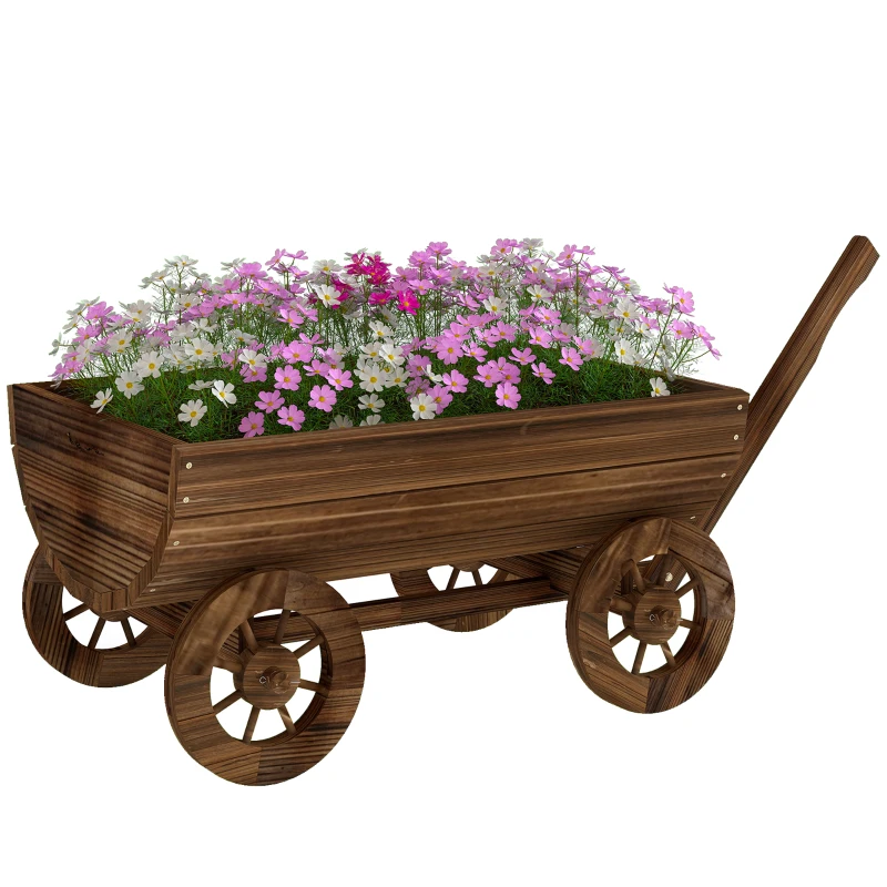 Outsunny Wooden Wagon Planter Box, Mobile Garden Planter with 4 Wheels, Small Wheelbarrow Wagon Flower Cart with Drainage Hole
