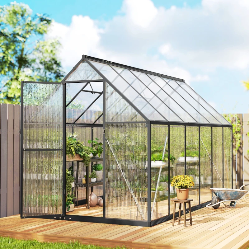 Outsunny Polycarbonate Greenhouse with Swing Door and Two Adjustable Roof Vents, Aluminum Walk-in Greenhouse, 11x6 ft, Black