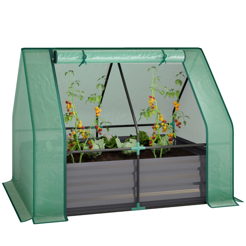 Outsunny 4 x 3 x 1ft Raised Garden Bed with Mini Greenhouse, Galvanized Raised Garden Bed with Cover, Green and Dark Gray