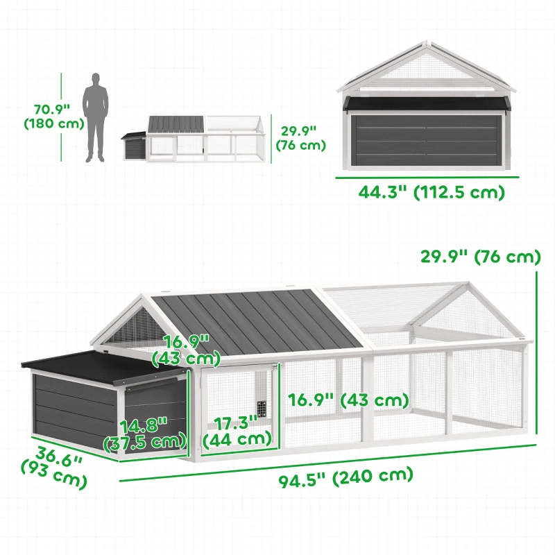 PawHut 95"L Chicken Run Large Chicken Coop with Nesting Box Wooden Roof Side Door for Outdoor 4–8 Chickens