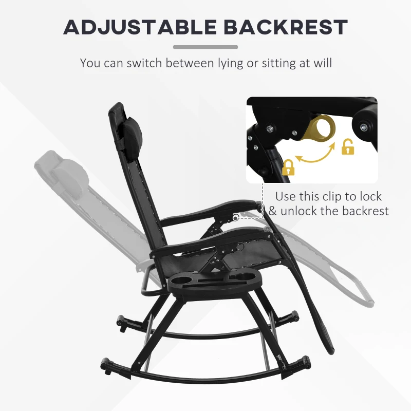 Outsunny 2 Outdoor Rocking Chairs Foldable Reclining Zero Gravity Lounge Rockers w/ Pillow Cup & Phone Holder, Black