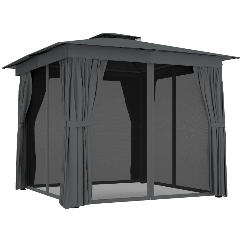 Outsunny 10' x 10' Outdoor Patio Gazebo, Soft Top Gazebo Canopy Shelter with Curtains, Netting, Steel Frame, Hook, Dark Gray