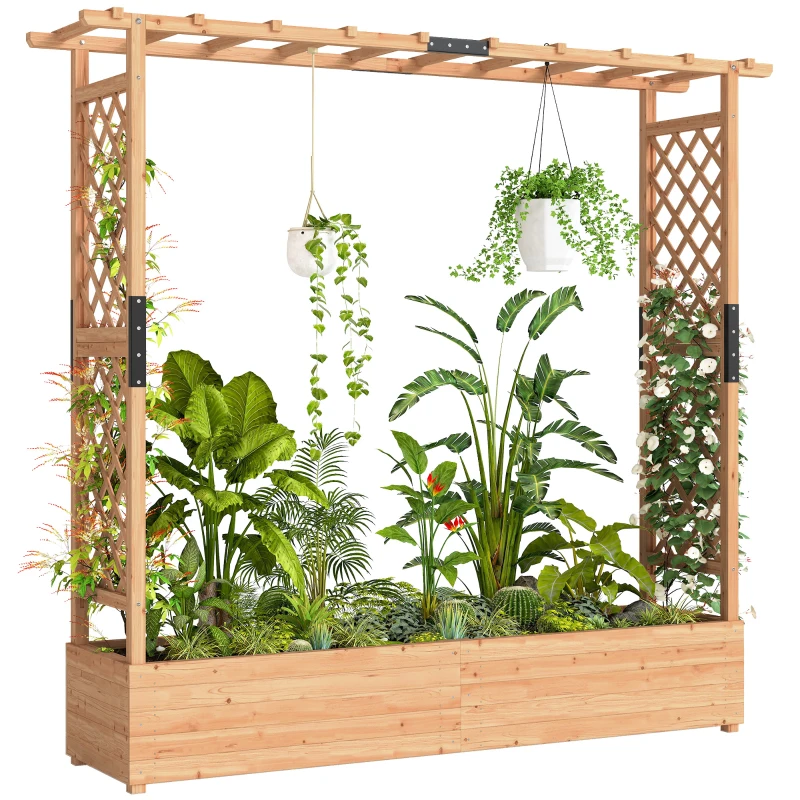 Outsunny Wooden Planter Box with Trellis, Hanging Roof and Drainage Holes for Climbing Plants, Vegetables, Herbs and Flowers