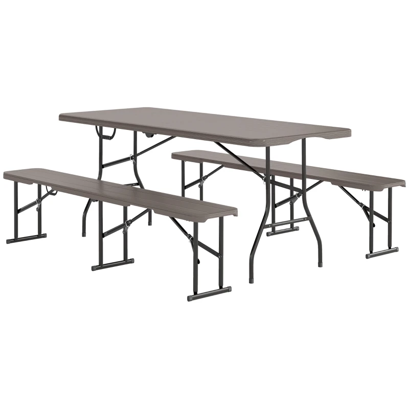 Outsunny 6FT 3PCS Faux Rattan Outdoor Camping Table Bench Set with Carrying Handles, Folding Picnic Table with 2 Benches, Brown