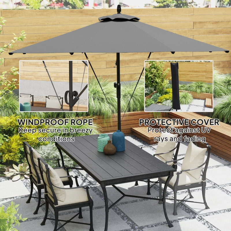 Outsunny 118.1" Patio Offset Umbrella with Cover and Wind Protection Strap,with Crank Handle and Tilt, UPF50+, Grey