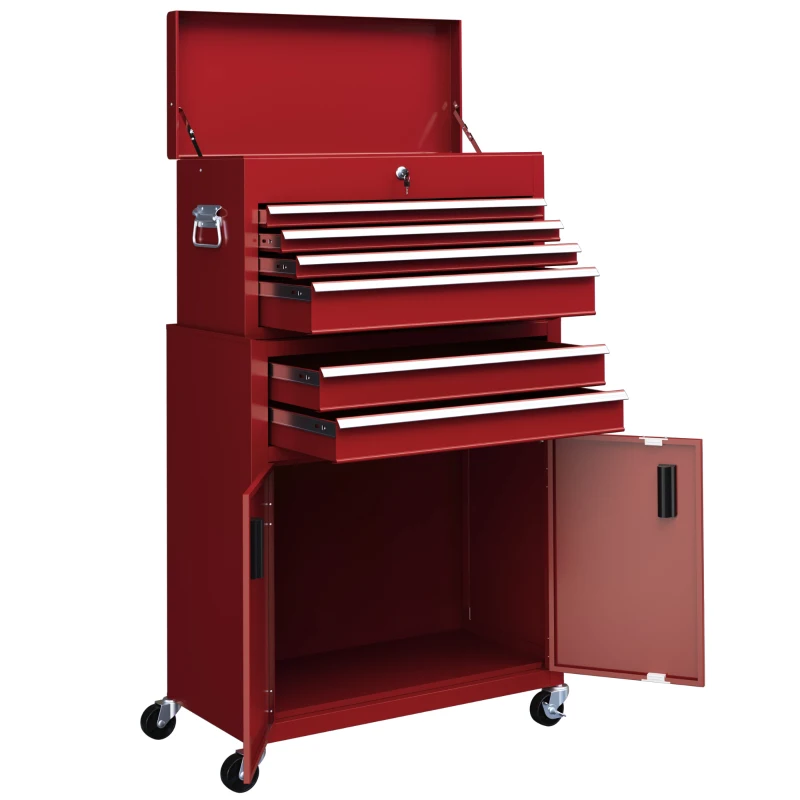 HOMCOM 6-Drawer Rolling Tool Chest, 2 in 1 Lockable Storage Cabinet with Hooks, Metal Tool Box for Garage, Workshop, Red