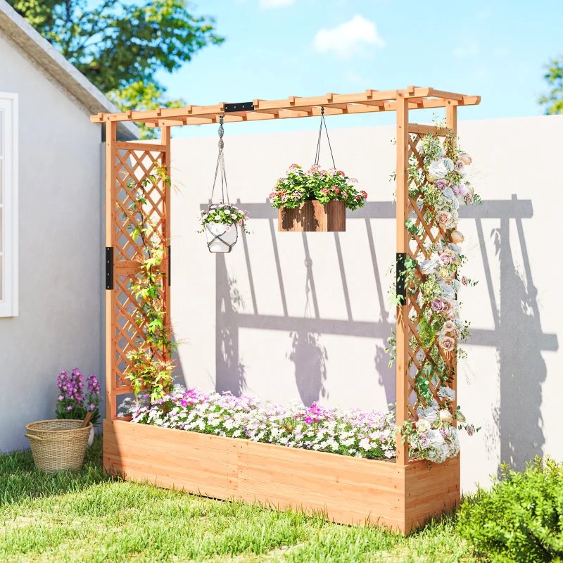 Outsunny Wooden Planter Box with Trellis, Hanging Roof and Drainage Holes for Climbing Plants, Vegetables, Herbs and Flowers