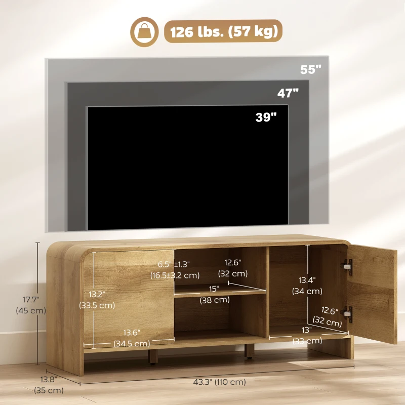 HOMCOM TV Stand for up to 55 Inch TV, Nordic Entertainment Center with 2 Cabinets and 2 Open Shelves for Living Room, Natural Wood