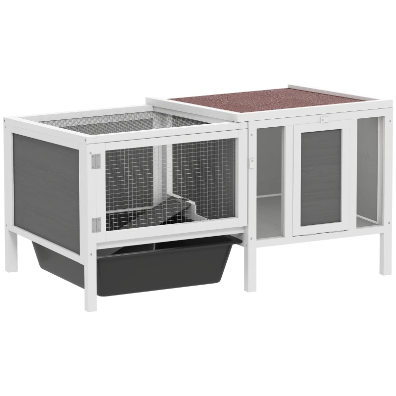PawHut Rabbit Hutch, Wooden Guinea Pig Cage with Run, Openable Top, Pull Out Tray and Ramp, Water-Resistant Roof, Grey