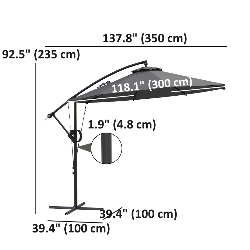 Outsunny 118.1" Patio Offset Umbrella with Cover and Wind Protection Strap,with Crank Handle and Tilt, UPF50+, Grey