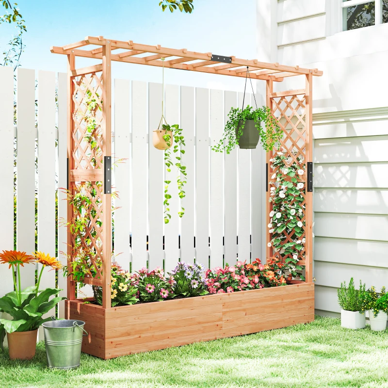 Outsunny Wooden Planter Box with Trellis, Hanging Roof and Drainage Holes for Climbing Plants, Vegetables, Herbs and Flowers