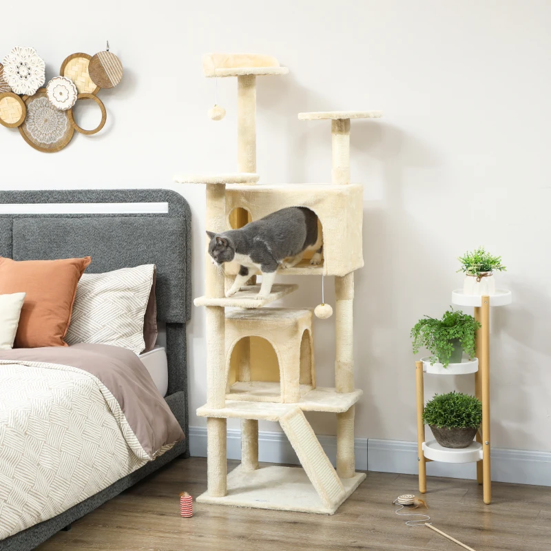 PawHut 63" Cat Tree, Multi-Level Cat Tower with Scratching Posts, Cat Condos, Bed, Platforms, Ramp, Toy Ball, Cream White