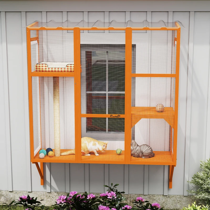 PawHut Wooden Catio Outdoor, Cat Window Box Enclosure for 2-3 Large Cats with 2 Jumping Platforms & Scratching Post, Orange