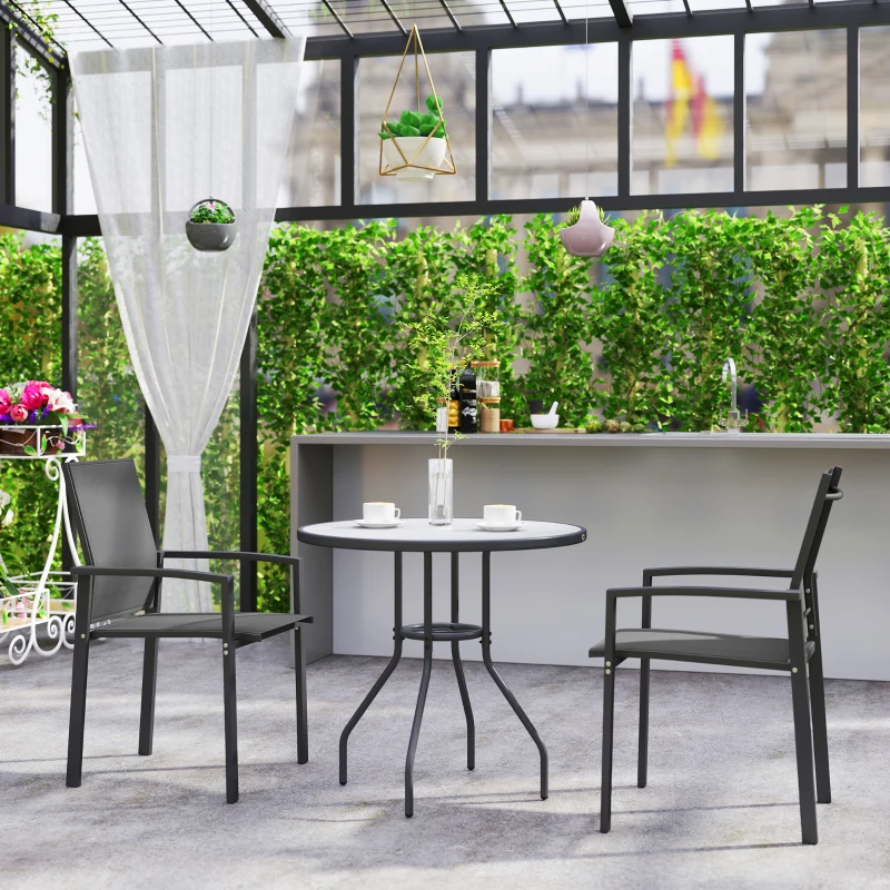 Outsunny Set of 2 Outdoor Garden Chairs, Stackable Patio Dining Chairs with Breathable Fabric, Armrests and Backrest, Dark Grey