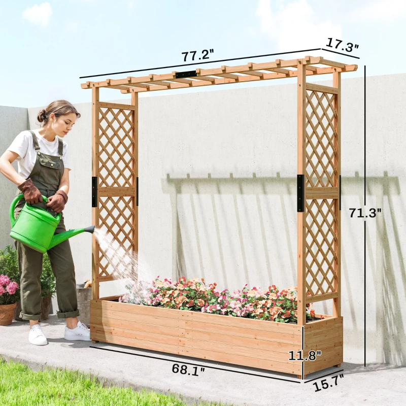 Outsunny Wooden Planter Box with Trellis, Hanging Roof and Drainage Holes for Climbing Plants, Vegetables, Herbs and Flowers