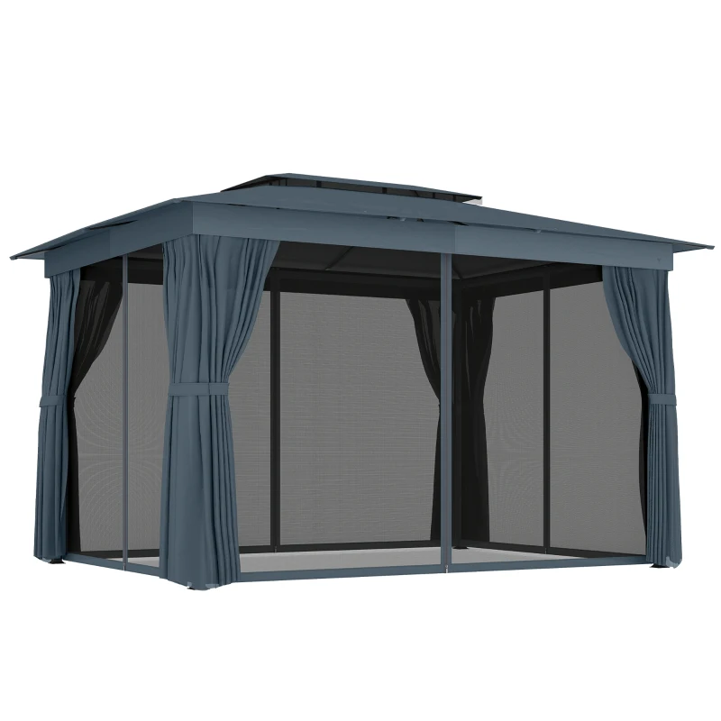 Outsunny 10' x 12' Outdoor Patio Gazebo, Soft Top Gazebo Canopy Shelter with Curtains, Netting, Steel Frame, Hooks, Blue