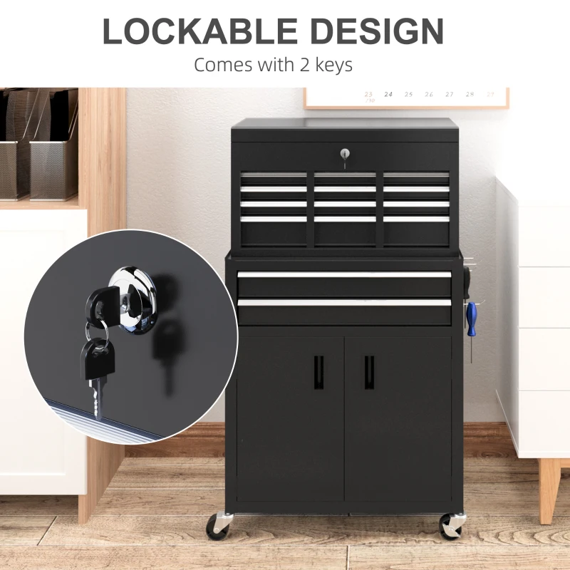 HOMCOM 6-Drawer Rolling Tool Chest, 2 in 1 Lockable Storage Cabinet with Hooks, Metal Tool Box for Garage, Workshop, Black