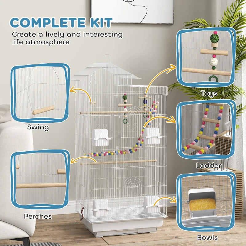 PawHut 39" Bird Cage for Budgie, Cockatiel, Conure, Small Birds, with Ladder, Swing, Toys, Perches, Tray, Feeding Bowls, Handle