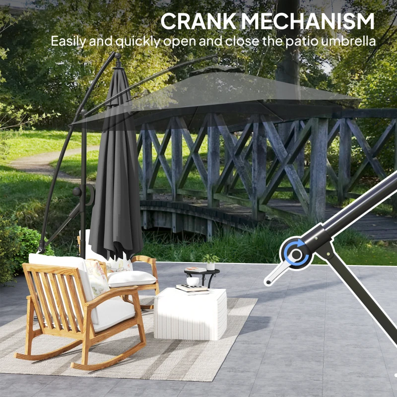 Outsunny 118.1" Patio Offset Umbrella with Cover and Wind Protection Strap,with Crank Handle and Tilt, UPF50+, Grey