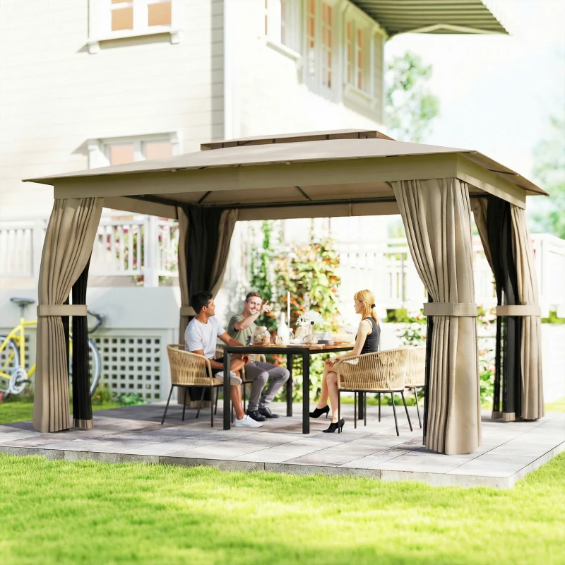 Outsunny 10' x 12' Outdoor Patio Gazebo, Soft Top Gazebo Canopy Shelter with Curtains, Netting, Steel Frame, Hooks, Khaki