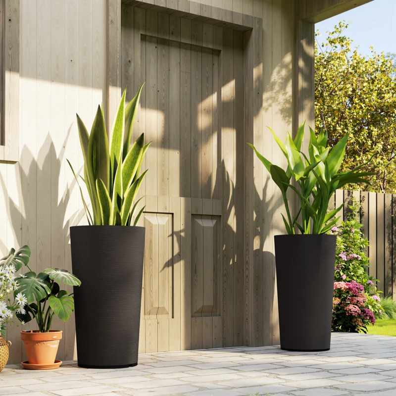 Outsunny 29 Inch Outdoor Planter, Set of 2 Plastic Flower Pots, Weather and UV Resistant Stackable Large Planters, Black