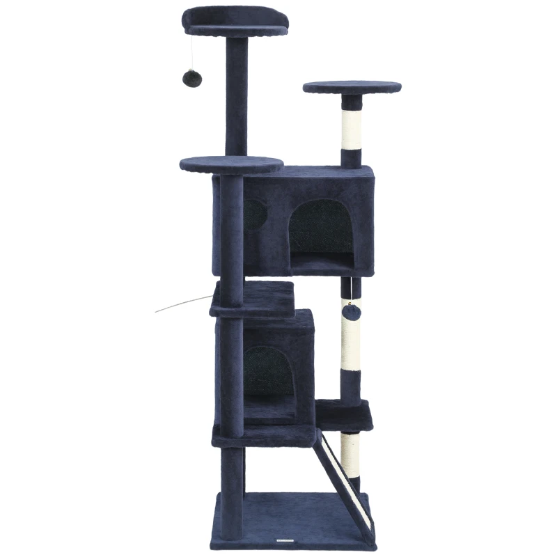 PawHut 63" Cat Tree, Multi-Level Cat Tower with Scratching Posts, Cat Condos, Bed, Platforms, Ramp, Toy Ball, Dark Blue