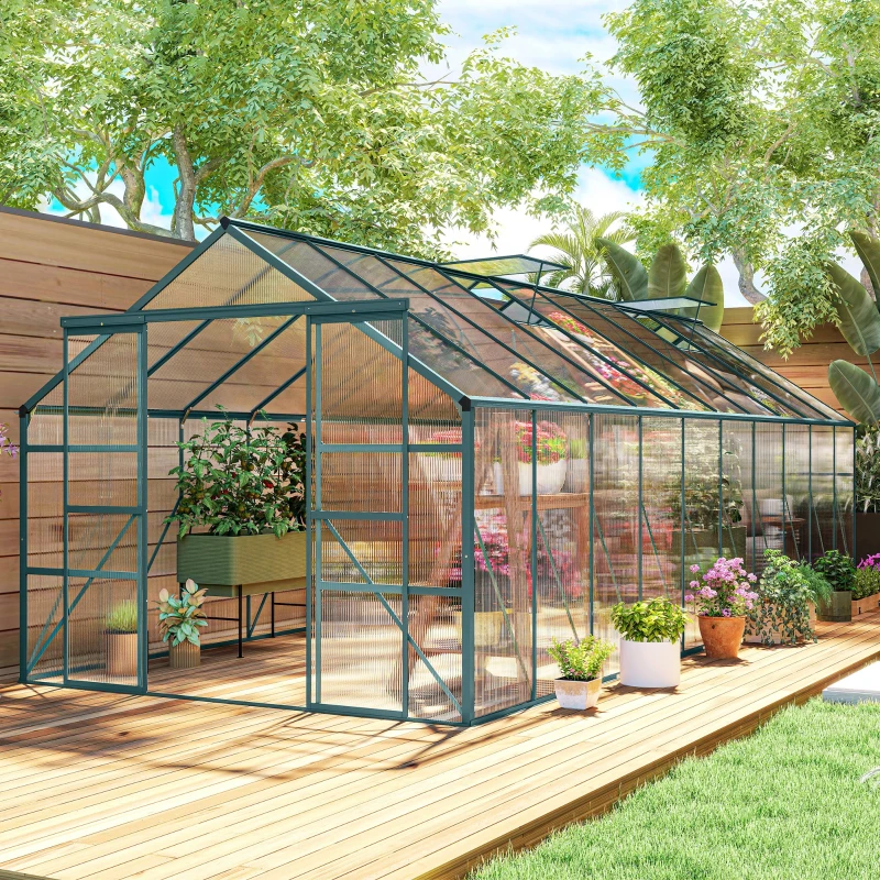 Outsunny Aluminum Greenhouse Polycarbonate Walk-in Garden Greenhouse with Sliding Door, 20' x 8', Green