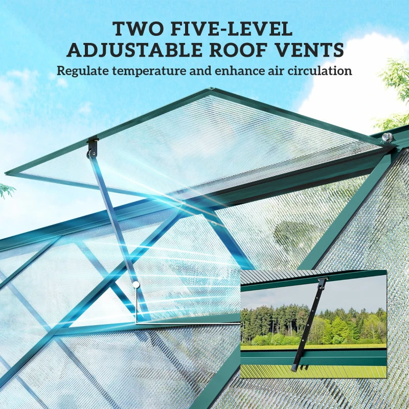 Outsunny Polycarbonate Greenhouse with Swing Door and Two Adjustable Roof Vents, Aluminum Walk-in Greenhouse, 11x6 ft, Dark Green