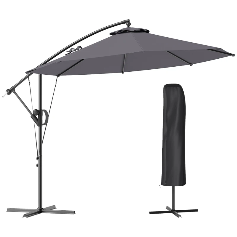 Outsunny 118.1" Patio Offset Umbrella with Cover and Wind Protection Strap,with Crank Handle and Tilt, UPF50+, Grey