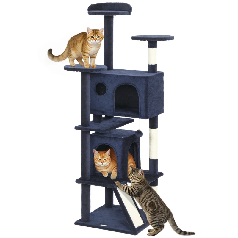 PawHut 63" Cat Tree, Multi-Level Cat Tower with Scratching Posts, Cat Condos, Bed, Platforms, Ramp, Toy Ball, Dark Blue