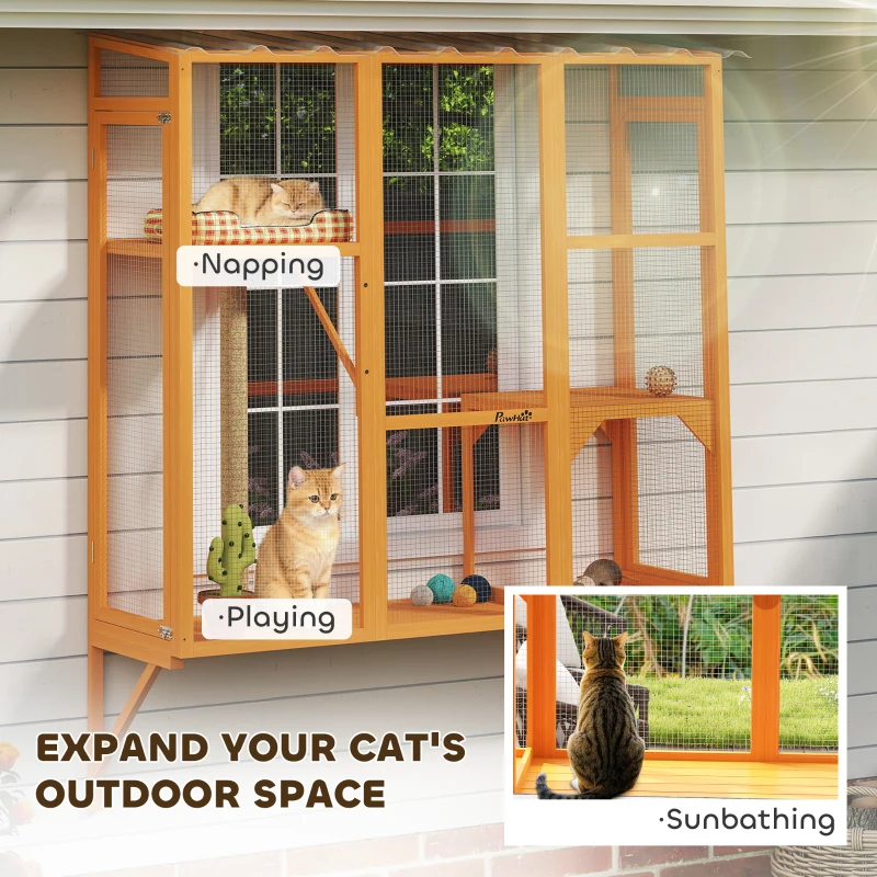 PawHut Wooden Catio Outdoor, Cat Window Box Enclosure for 2-3 Large Cats with 2 Jumping Platforms & Scratching Post, Orange