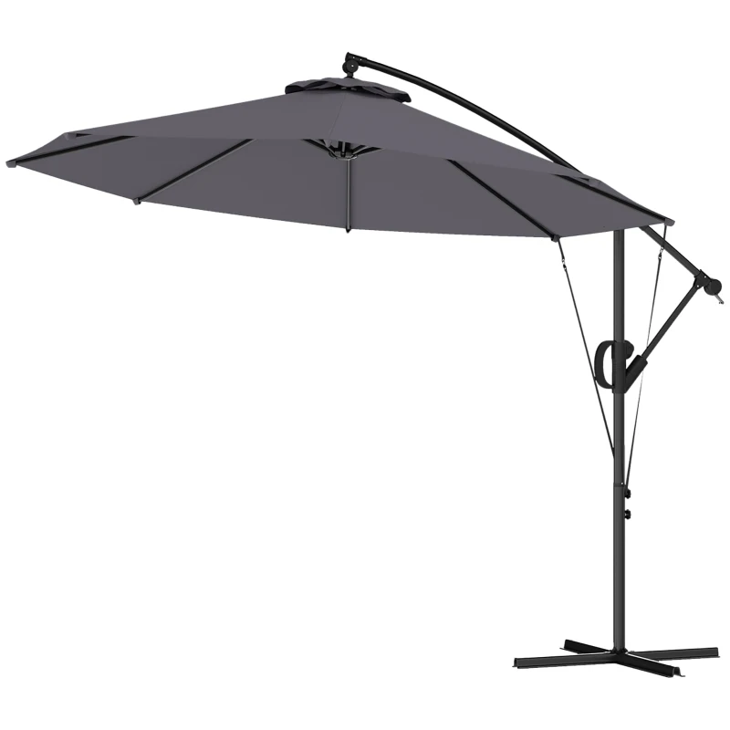 Outsunny 118.1" Patio Offset Umbrella with Cover and Wind Protection Strap,with Crank Handle and Tilt, UPF50+, Grey