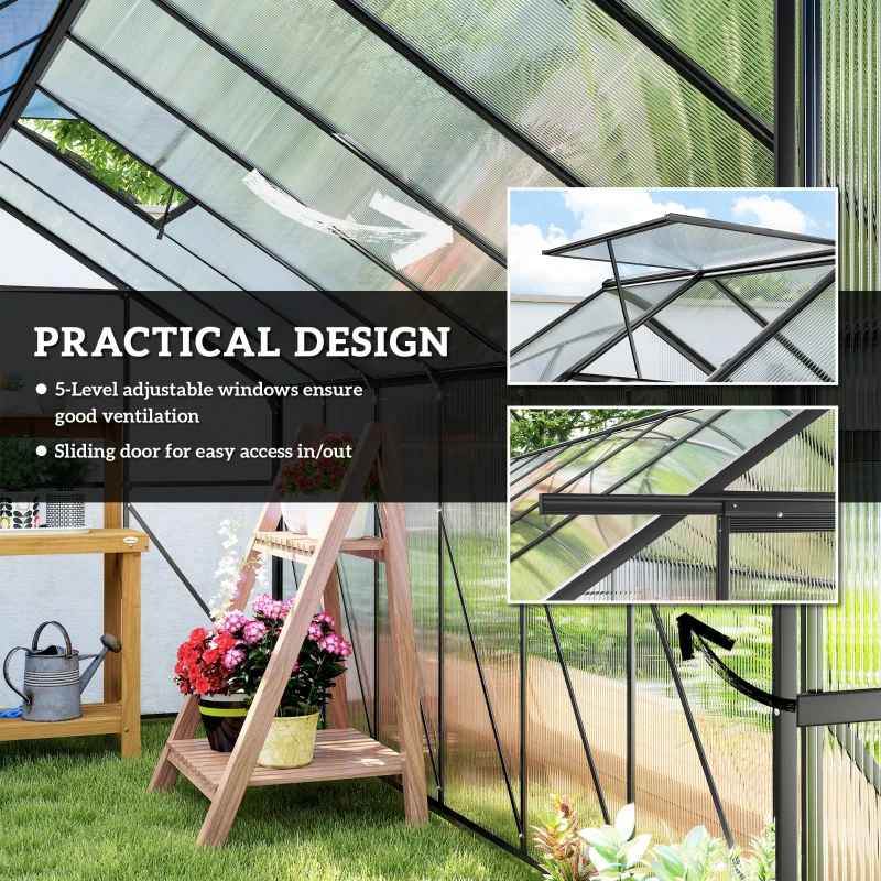 Outsunny Aluminum Greenhouse Polycarbonate Walk-in Garden Greenhouse Kit with Rain Gutter and Sliding Door, 16' x 8', Dark Grey
