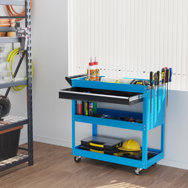 HOMCOM Tool Cart on Wheels, Utility Cart with Wheels, Ball Bearing Drawer, Storage Trays for Garage, Warehouse, Workshop, Blue
