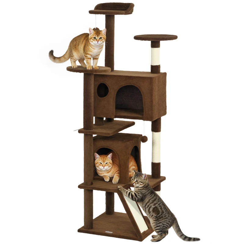 PawHut 63" Cat Tree, Multi-Level Cat Tower with Scratching Posts, Cat Condos, Bed, Platforms, Ramp, Toy Ball, Light Brown
