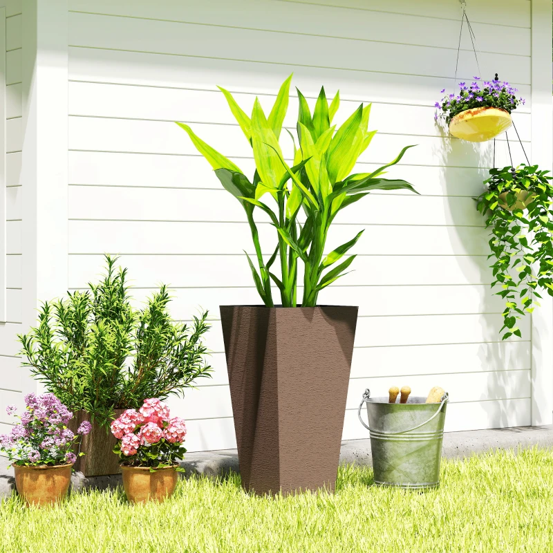 Outsunny 23 Inch Tall Planters for Outdoor Plants, Set of 2 Plastic Flower Pots, for Front Door Patio Garden Use, Brown