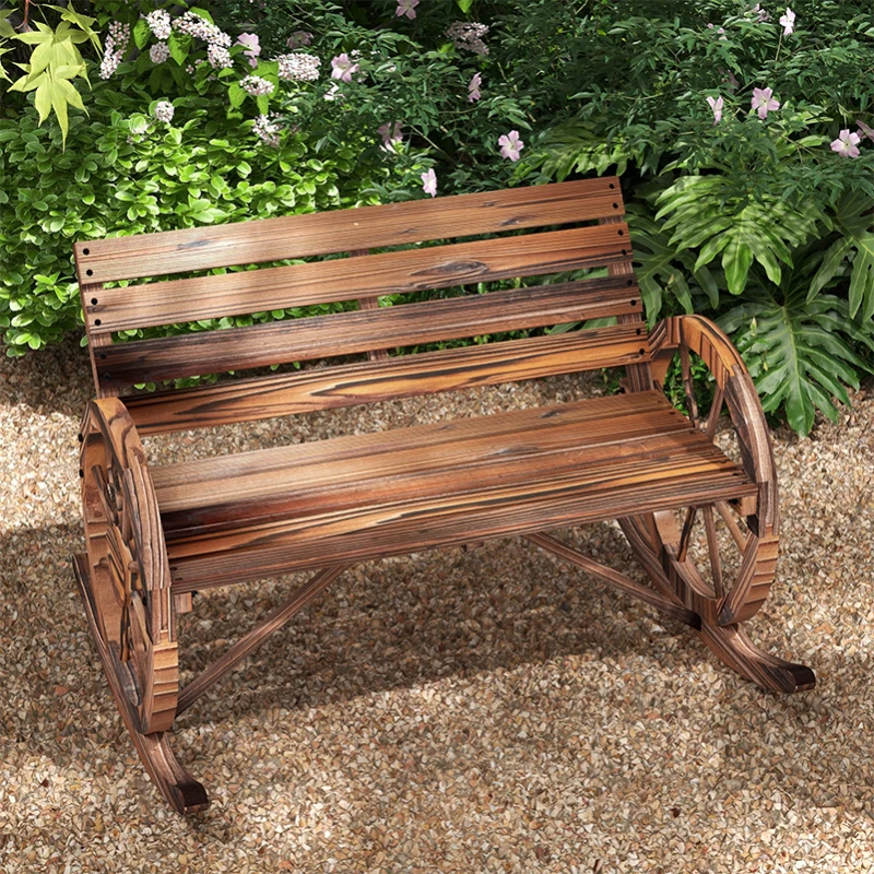 Outsunny Rocking Outdoor Bench, Wood Outdoor Loveseat with Wagon Wheel Armrests, Carbonized