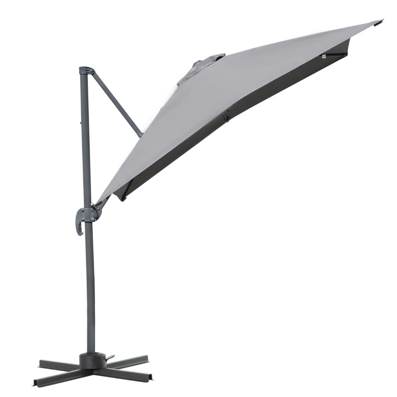 Outsunny 8' x 8' Square Patio Hanging Offset Umbrella Aluminum Outdoor Cantilever Crank Market Parasol Garden Sun Canopy Shelter 360° Rotation w/ Cross Base Grey
