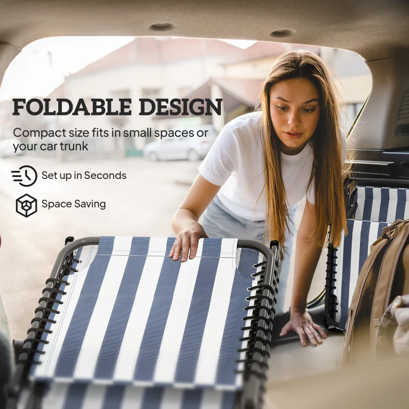 Outsunny 2 Folding Chaise Lounge Pool Chairs with 4-Position Reclining Back, Pillow, Breathable Mesh & Bungee Seat, Blue White