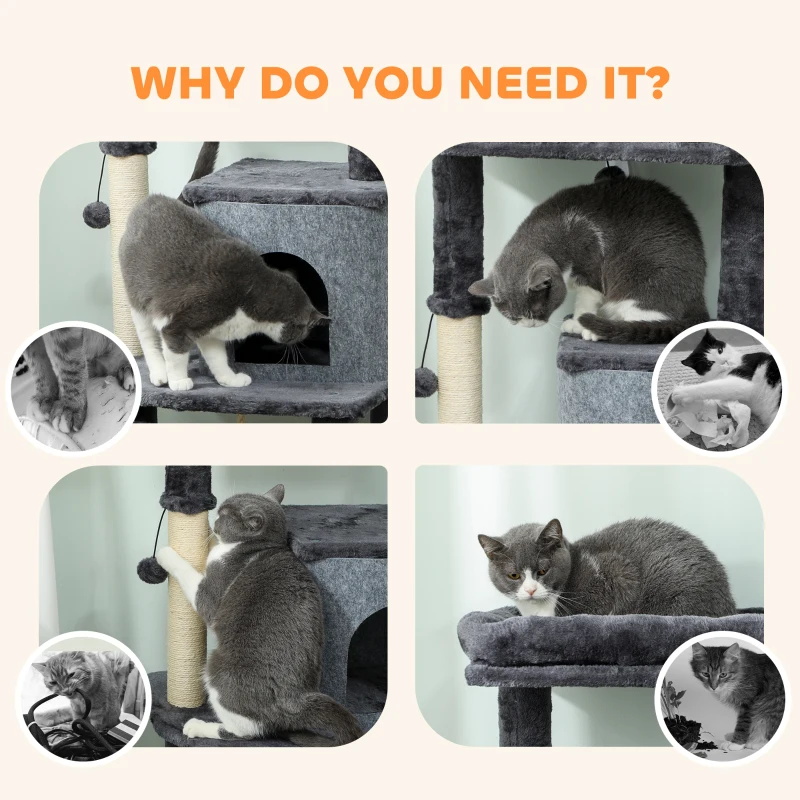 PawHut 52 Inch Cat Tree with Scratching Posts, Cat Bed, Condo, Grooming Brush, Jumping Platforms, Toy Balls, Anti-tip Kit